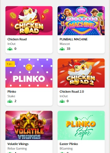 Crash room at PokieSurf with Chicken Road, Plinko and other quick-round instant games