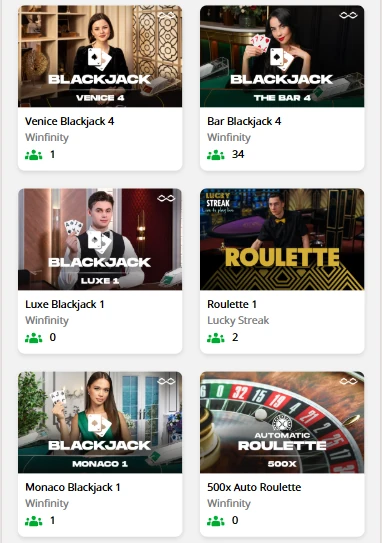 Live dealer section at PokieSurf listing blackjack rooms and roulette wheels with seats open