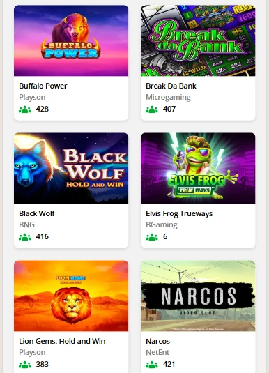 Grid of pokies in the PokieSurf Slots room with titles from Playson, NetEnt and Relax Gaming