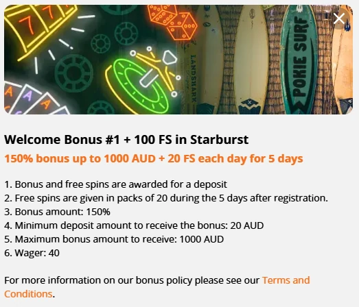 PokieSurf bonus conditions panel listing the 20 AUD qualifying deposit, 1000 AUD maximum bonus and 40x wagering